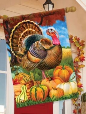 Briarwood Lane Turkey and Pumpkins Premium House Flag~NEW!